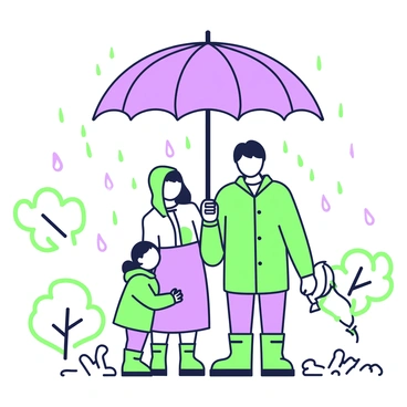 A large umbrella is providing shelter for a family during a rainstorm. The umbrella is positioned at the center, with its wide canopy extended to shield the family beneath it. A father and a mother stand close together, holding hands, while their two children are huddled nearby, looking up at the umbrella. Each family member is wearing raincoats and rubber boots. Raindrops are visibly falling around them, creating splashes on the ground. In the background, blurred outlines of trees sway in the wind, emphasizing the stormy atmosphere.