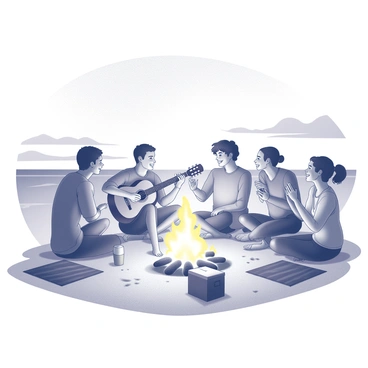 A group of five friends gathered on a sandy beach. They are sitting around a bonfire, which crackles and emits flames. One person is playing an acoustic guitar while others are clapping along. The friends are engaged in conversation, laughing and enjoying each other's company. The sky is transitioning to twilight, with the last rays of sunlight visible on the horizon. A few beach towels and a cooler are scattered around, adding to the atmosphere of a relaxed beach gathering.