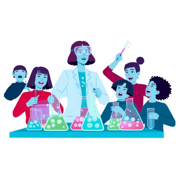 A teacher with short brown hair wearing safety goggles and a lab coat stands at a table filled with bubbling beakers. The beakers contain vibrant, colorful liquids such as bright blue, vivid green, and fiery red, each emitting small bursts of bubbles. Around the table, a group of excited children with diverse appearances watch intently, their faces lit up with curiosity. Some children hold pipettes, while others are pointing at the bubbling reactions. The atmosphere is filled with enthusiasm as they all engage in the experiment, surrounded by a neat array of scientific equipment like test tubes and measuring cups.