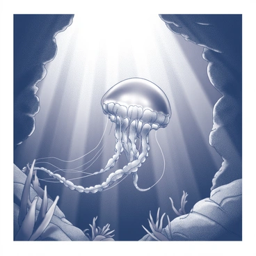 A single jellyfish with a translucent bell and flowing tentacles is drifting gracefully through an underwater cave. The cave is richly textured with rocky formations and gentle ripples in the water. Light beams penetrate the surface, creating a shimmering effect that dances across the jellyfish, illuminating its delicate structure. The cave walls are adorned with various aquatic plants, gently swaying with the movement of the water around the jellyfish.