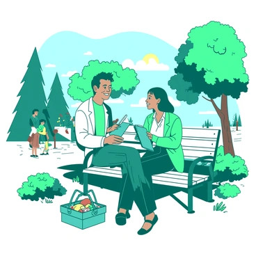 A teal mentor is sitting on a white park bench, casually leaning forward with a smile while sharing insights with a mentee. The mentee, dressed in a white shirt, is attentively listening while holding a teal notebook and pen. Surrounding them are lush green trees and colorful flowers, with a few people walking in the background. The sun casts gentle rays, enhancing the relaxed atmosphere of their free-flowing discussion. A small picnic basket rests beside them on the bench, indicating a leisurely day in the park.
