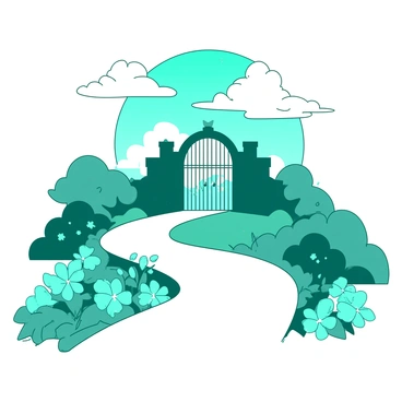 A white winding path is leading upward toward a large, ornate gate that suggests heavenly grandeur. On either side of the path, there are vibrant teal flowers that emit a gentle glowing light, illuminating the surroundings. Above, soft white clouds are floating peacefully, creating a dreamlike atmosphere. The scene is bathed in a serene ambiance, inviting one to journey toward the gate.