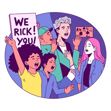 A group of diverse fans is standing together at a concert, all enthusiastically singing along. In the foreground, a girl with curly hair and a yellow shirt is raising her arms, while a boy next to her in a blue jacket has a big smile on his face. Behind them, an older man with gray hair in a teal cap is clapping his hands in rhythm to the music. To the side, a young woman with pink hair is holding a lighted sign that reads "We Love You!" The stage lights are illuminating the crowd, creating an energetic atmosphere with vibrant expressions on each face.