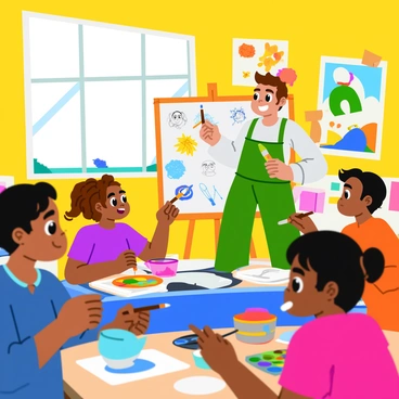 An illustration expert stands at the front of a colorful and playful classroom, surrounded by eager children. The expert is holding a large paintbrush and smiling, demonstrating various art techniques on a whiteboard filled with colorful drawings. The classroom is decorated with vibrant posters of famous artworks and various art supplies, such as paints, brushes, and sketchbooks, scattered across tables. The children, a diverse group, are actively engaging, some holding their own paintbrushes and palettes, while others are focused on their artwork. Sunlight streams through large windows, illuminating the joyful atmosphere of creativity and learning.