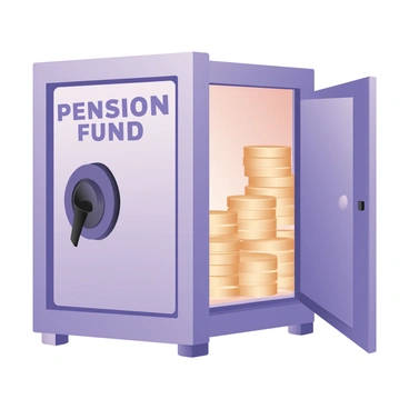 A digital flat illustration featuring a large, strong safe in the center of the image, prominently labeled "Pension Fund" in bold letters across the front. The safe has a shiny metallic surface and a large keyhole at the center, emphasizing its secure nature. The door of the safe is slightly ajar, revealing stacks of gold coins inside, glimmering under a warm light. Each stack is neatly arranged, showcasing the wealth contained within. The background is simple to keep the focus on the safe and its contents.