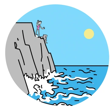 A daring diver, dressed in a bright red swimsuit, stands confidently at the edge of a steep cliff. The cliff is rugged and rocky, with sharp edges jutting out. Below, the sea churns with a deep blue hue, creating white foamy waves as they crash against the rocks. The diver's arms are raised slightly, indicating readiness, while the sun casts a warm glow on the scene, highlighting the contrast between the cliff and the ocean. In the background, a clear blue sky stretches wide, adding to the sense of adventure in the moment.