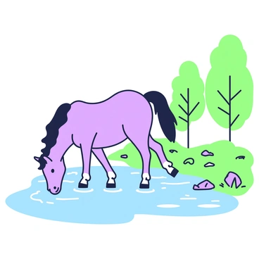 A horse is standing at the edge of a clear river. The river flows gently, reflecting the surrounding environment. The horse bends down to drink from the water, its mane slightly ruffled by a light breeze. On the riverbank, there are a few patches of grass and small rocks scattered around. In the background, there are trees lining the river, their leaves gently rustling in the wind. The scene captures a sense of calmness and connection with nature.