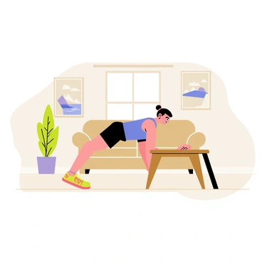 An individual performing tricep dips using a sturdy brown chair in their cozy living room. The person is wearing a blue tank top and black shorts, with their arms supporting their body as they dip down. The living room features a soft beige carpet and a large window letting in natural light. On the walls, there are framed pictures of landscapes. A green potted plant sits in the corner, adding a touch of color to the room.