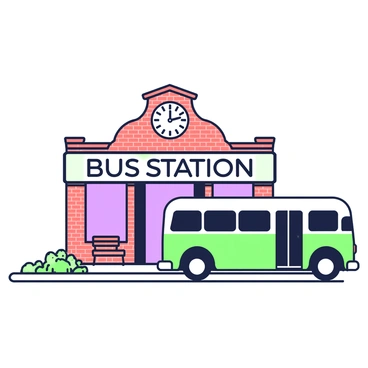 An old-fashioned bus station is situated in a small town, constructed from red bricks with an arched roof. The station features large, vintage-style signage with the words "Bus Station" prominently displayed. In front of the station, a single vintage bus, painted in a classic design, is parked with its doors open. The bus has rounded edges and chrome accents, giving it an authentic retro look. Surrounding the bus station, there are a few wooden benches and a small flower bed with blooming flowers. A large clock is mounted on the wall of the station, indicating the time with its ornate hands.
