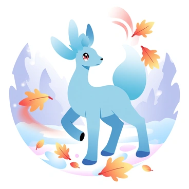 A majestic Suicune stands gracefully in the center of the scene, its shimmering blue body glistening under the soft light. Surrounding Suicune are vibrant autumn leaves, swirling through the air in shades of orange, red, and yellow. In the background, a dense forest is visible, with trees adorned in rich fall colors creating a picturesque landscape. The ground is covered with a layer of fallen leaves, enhancing the autumn atmosphere.