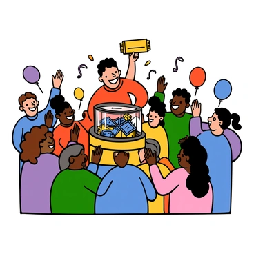 A group of diverse people with varying skin tones and hairstyles stands in a semi-circle, showing expressions of excitement and anticipation. In the center, a host with light skin and short black hair is reaching into a large, transparent drum filled with tickets. The host is wearing a red shirt and is smiling. Surrounding the host, some people are raising their hands in eagerness, while others are clapping. The background includes festive decorations, such as colorful balloons and streamers, adding to the lively atmosphere. The scene captures the joyful moment as everyone looks intently at the host, waiting for the ticket to be drawn.
