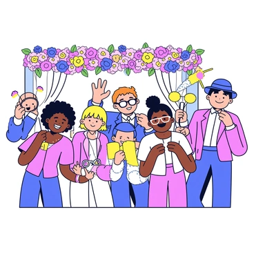 A group of guests is posing playfully in a wedding photo booth. They are holding various fun props, including oversized glasses, feather boas, and silly hats. The backdrop features a colorful arrangement of flowers, creating a vibrant and cheerful atmosphere. The guests are smiling and making funny faces, capturing a lively moment in the celebration.