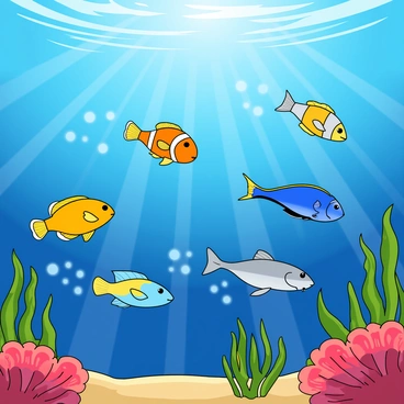 A vibrant underwater scene filled with a variety of colorful fish swimming energetically against flowing ocean currents. The fish include a bright yellow clownfish, a sleek blue tang, and a shimmering silver angelfish. The water is a rich gradient of deep blue, with light rays penetrating from the surface, creating playful patterns. Small bubbles rise from the fish as they navigate through swaying seaweed and coral formations. The currents are depicted as swirling patterns in the water, suggesting movement and energy throughout the scene.