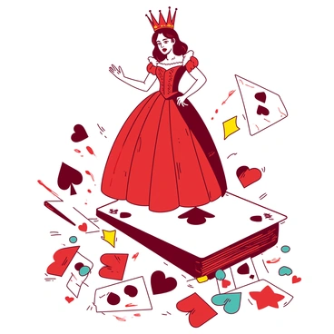 A red queen of hearts stands majestically atop a giant playing card, her expression fierce and commanding. She is wearing an ornate gown adorned with heart patterns. Around her, a lively scene unfolds as various playing cards, including red hearts, black spades, yellow diamonds, and teal clubs, engage in a playful battle. Some cards are leaping into the air, while others are poised in action as if ready to strike. The ground is scattered with cards, creating a vibrant battlefield filled with energy and movement.