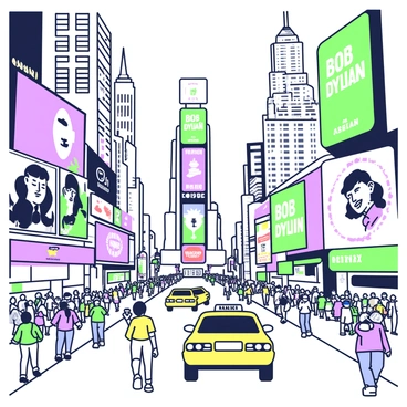 A bustling Times Square filled with crowds of people walking in various directions. Bright lights illuminate the scene, with numerous digital billboards displaying advertisements and images. Prominently featured is a giant billboard showcasing "Bob Dylan's album cover," with vibrant designs and text. Surrounding the billboard, there are yellow taxis driving by and street performers entertaining onlookers. Skyscrapers tower in the background, and a mix of tourists and locals can be seen taking photos and interacting with the lively atmosphere.