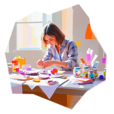 A hobbyist with medium-length brown hair and wearing a plaid shirt is carefully assembling handmade crafts at a cluttered workbench. The bench is filled with various materials such as colorful fabrics, scissors, and jars filled with beads. The hobbyist is focused on attaching a decorative element to a project, with a variety of completed crafts displayed around them. Soft natural light filters in from a nearby window, illuminating the workspace and highlighting the vibrant colors of the crafts.