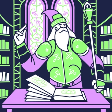 A wizard wearing intricately designed armor is casting a spell in an ancient library. The armor has glowing runes etched into its surface. The wizard has long hair and a pointed hat, with a staff in his right hand, raised towards the ceiling. Surrounding him are towering shelves filled with old books and scrolls. A large, ornate table in front of him holds an open book with luminous pages. Dim light filters through stained glass windows, illuminating the dust particles in the air.