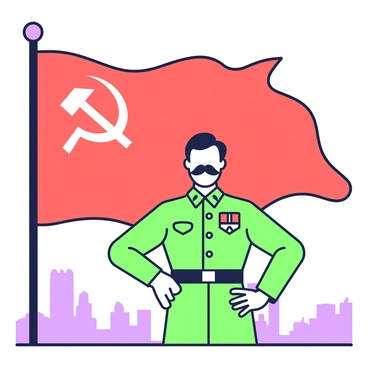 A man with a prominent mustache is standing confidently in front of a large Soviet flag that is unfurled behind him. He is wearing a military uniform with various insignia visible on his chest. His posture is assertive, with one hand on his hip and the other extended slightly outward. The flag features a hammer and sickle emblem prominently displayed in the center. The background is filled with a sense of grandeur, as the red of the flag contrasts with the muted tones of the surrounding area. The atmosphere is charged with a sense of historical significance as the flag billows dramatically in the air.