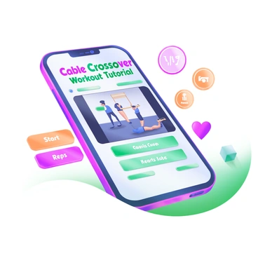 A modern pastel illustration depicting a fitness app interface. The interface displays the title "Cable Crossover Workout Tutorial" in bold, vibrant letters at the top. Below the title, there is a video player showing a demonstration of a person performing the cable crossover exercise, with clear visual instructions. To the side, there are various buttons labeled "Start," "Pause," and "Reps," in soft pastel colors. Icons representing exercise metrics, such as time, calories burned, and heart rate, are arranged neatly around the interface, creating a user-friendly layout.