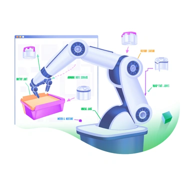 A detailed schematic illustration of a robotic arm. The arm is composed of multiple segments, each connected by joints. Every joint is clearly labeled, indicating its type, such as rotary or linear. Motor mechanisms are depicted at each joint, showcasing their arrangement and connection points. The entire schematic is presented with clear lines and annotations, highlighting the functionality and movement capabilities of the robotic arm. The background is clean and minimal, allowing the focus to remain on the arm and its components.