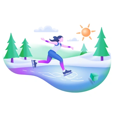 A scene depicting a figure skater gliding gracefully across a frozen lake. The skater is wearing a sparkling blue and white ice skating outfit, with their arms extended for balance. The ice surface reflects the clear sky above and is bordered by snow-covered trees. The skater's blades create delicate lines etched into the ice, showcasing the contrast between the static friction of their grip and the smooth motion of their sliding. Nearby, the bright sun casts soft shadows, enhancing the tranquil winter setting.