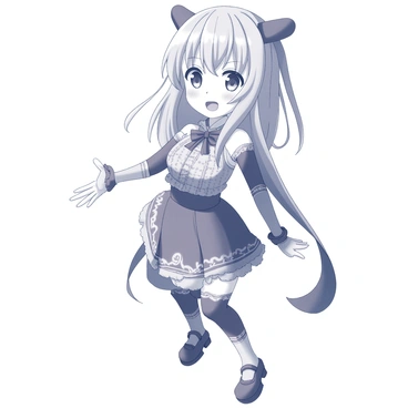 An anime character stands on a 1⁄6 illustration board. The character has large, expressive eyes that convey a range of emotions, framed by long, stylized hair that cascades around their face. The character is wearing a detailed outfit, featuring intricate patterns and accessories that add depth to their appearance. The pose is dynamic, suggesting movement or action, with one hand reaching out as if interacting with the viewer or the surrounding environment. The background is minimal to emphasize the character and their expressive features.