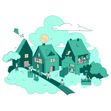 A teal whimsical village is nestled among fluffy white clouds, with charming houses in unique shapes and sizes scattered throughout. Each house features colorful rooftops and is adorned with small, bright balconies. Playful inhabitants, including small figures with cheerful expressions, are seen engaging in various activities. Some are flying kites that dance in the gentle breeze, while others are tending to tiny gardens filled with vibrant flowers. A small bridge connects two of the houses, and in the background, the sun casts a warm glow over the enchanting scene.