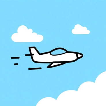 A tiny airplane, painted white with blue accents, is flying through a clear blue sky. The sky is bright and filled with a few fluffy white clouds scattered throughout. The airplane has a sleek design, with visible wings and a small tail. The sunlight reflects off its surface, creating a hint of shine.