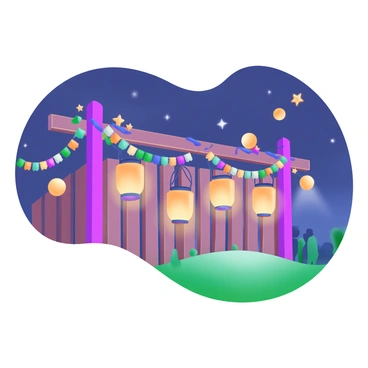 A wooden fence is adorned with several glowing lanterns that emit a warm, inviting light. The lanterns are various shapes, including round and rectangular, hanging from the fence posts. In the background, a dark sky is sprinkled with stars, contributing to the festive atmosphere. Colorful banners and streamers are draped along the top of the fence, adding vibrant hues to the scene. Below, a grassy area is visible, with hints of silhouettes of people enjoying the celebration nearby. The overall composition captures the joy and warmth of a festive night.
