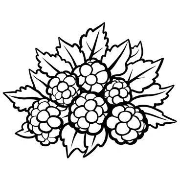 A cluster of raspberries arranged in a natural setting, with several plump raspberries nestled among a backdrop of green leaves. The leaves have a detailed texture, showcasing their veins and varying shapes. The raspberries are depicted in different positions, some partially covered by the leaves, creating depth in the arrangement. The overall composition highlights the contrast between the round, bumpy surface of the raspberries and the smoothness of the leaves.