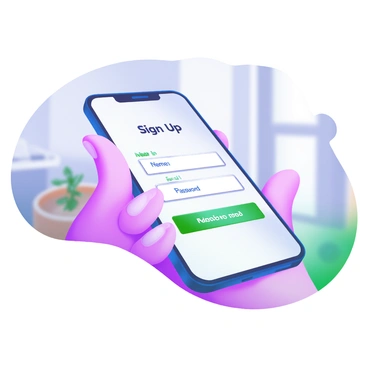 A close-up of a hand holding a smartphone. The smartphone's screen shows a "Sign Up" page with fields for entering a name, email, and password. The hand is gently gripping the device, with well-groomed fingers and a light-colored nail polish. The background features a soft, blurred interior setting, enhancing the focus on the hand and smartphone.