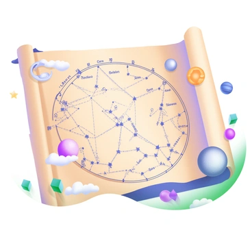 A detailed ancient starmap laid out on a textured parchment background. The starmap is filled with various constellations, depicted by intricate lines connecting stars, creating recognizable shapes. In the corners of the starmap, there are representations of celestial bodies, including a bright, yellow sun, a silver moon, and several planets in muted colors. The constellations are labeled with elegant, flowing script, and small decorative motifs, such as swirling clouds and tiny shooting stars, are scattered around the edges.