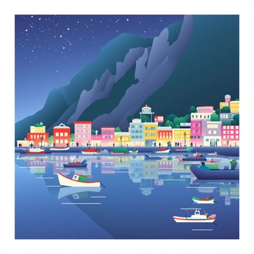 The harbor in Capri is illuminated at night, showcasing a vibrant scene. There are numerous boats docked, their shapes outlined against the dark water. The lights from the buildings along the waterfront reflect beautifully on the surface of the sea, creating a sparkling effect. In the background, the rocky cliffs of Capri are silhouetted against the starry sky, adding depth to the composition. Various small fishing vessels are bobbing gently in the water, and a few people are seen strolling along the promenade, enjoying the tranquil atmosphere.