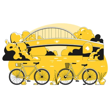 A row of bicycles with various designs parked on the side of a bridge. The bicycles have sleek frames and are equipped with colorful accessories like bells and baskets. The bridge arches gracefully over a calm river, reflecting the shapes of the bicycles. Lush greenery and trees line the riverbank, while soft ripples disturb the water's surface gently. In the background, elements of the landscape can be seen, adding depth to the scene.