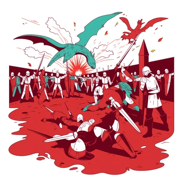 A red battlefield is filled with knights in shining armor, brandishing swords and shields as they clash with each other. The ground is littered with armor pieces and fallen weapons. In the background, a teal dragon soars through the sky, breathing fire down onto a group of knights. Nearby, a teal griffin is engaging with a knight, its wings spread wide. Explosions of magical energy erupt from spells being cast, illuminating the chaotic scene. The knights display fierce expressions, while magical creatures exhibit their power, creating an atmosphere of intense combat.