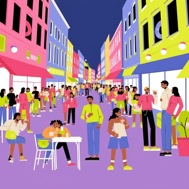 A neon-lit city street bustling with people enjoying the nightlife