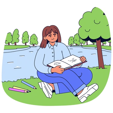 A young woman with long brown hair is sitting on a grassy riverbank. She is dressed in a light blue shirt and denim jeans. In her hands, she holds an open sketchbook, filled with pencil drawings. Next to her is a set of colored pencils scattered across the grass. The river flows gently beside her, reflecting the green trees that line the opposite bank. Soft sunlight filters through the leaves, creating dappled patterns on the ground.
