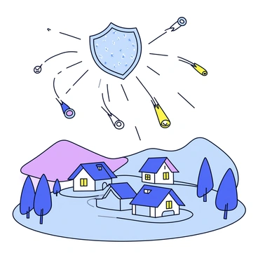 A celestial shield hovering above a small village, casting a gentle glow over the scene. The shield is semi-transparent with intricate patterns resembling constellations. Below the shield, thatched-roof houses are nestled together, with warm light glowing from their windows. In the sky, multiple meteors streak towards the village, but they are deflected by the shimmering shield. The landscape includes rolling hills and trees surrounding the village, creating a serene atmosphere.