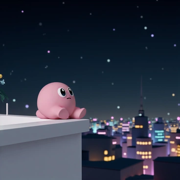 A small, round character, "Kirby," with a pink body and big, expressive eyes, is sitting on the edge of a rooftop. The night sky is dark, dotted with stars, and the vibrant city lights below twinkle in various colors. Buildings with illuminated windows stretch out into the distance. "Kirby" is leaning slightly forward, appearing curious as he gazes over the bustling cityscape. The rooftop is adorned with scattered plants and a small railing, adding to the urban vibe of the scene.