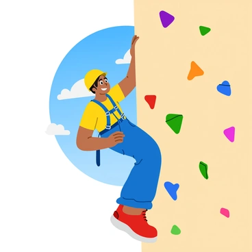 A climber in a bright blue climbing harness is hanging from a rock wall, their feet slipping slightly as they dangle. The climber has a wide grin on their face, showcasing their laughter despite the slip. Their hands are gripping the rocky surface firmly, and colorful climbing holds are visible around them. In the background, a vivid blue sky contrasts with the earthy tones of the rock wall, adding to the lighthearted atmosphere of the scene. The climber’s helmet is bright yellow, and their climbing shoes are red, emphasizing the humorous nature of the moment.