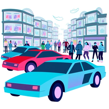 A busy urban street filled with diverse groups of people walking and talking. There are several cars with sleek, modern designs moving along the road. Illustrated sound waves visually emanate from the cars, represented by vibrant lines and curves, indicating noise. Additionally, sound waves emanate from groups of people, depicted in a similar style, suggesting conversation and laughter. The scene is lively, with a variety of storefronts lining the street, showcasing colorful signage and displays.