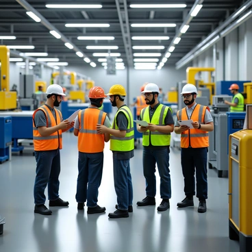 A group of stakeholders wearing safety helmets, goggles, and high-visibility vests. They are standing on a busy factory floor surrounded by various machinery and equipment. Some stakeholders are taking notes on clipboards, while others are pointing and discussing the operations taking place. The factory has bright overhead lights illuminating the area, and workers are seen operating machines in the background, highlighting the dynamic environment of the production process.