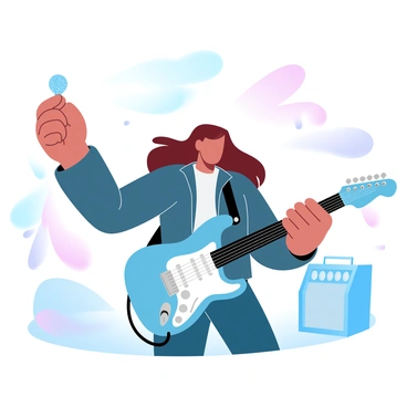 A guitarist is standing on stage with a spotlight shining down on him. He is wearing a leather jacket and has long hair flowing as he plays. In his right hand, he is dramatically holding up a glittery guitar pick, catching the light. The guitarist's left hand is positioned on the guitar's neck, showcasing his skill. In the background, there are colorful stage lights creating a vibrant atmosphere. A large amplifier is placed near the edge of the stage, adding to the concert setting.