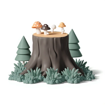 A large, weathered tree stump, surrounded by a dense woodland area with various shades of green foliage. Several mushrooms of different sizes and colors are sprouting from the top and sides of the stump. Among the mushrooms, there are brown and orange caps with white spots, as well as small white fungi, creating a contrast against the dark, rough texture of the stump. Soft sunlight filters through the trees, casting dappled shadows on the ground, enhancing the natural beauty of the scene.