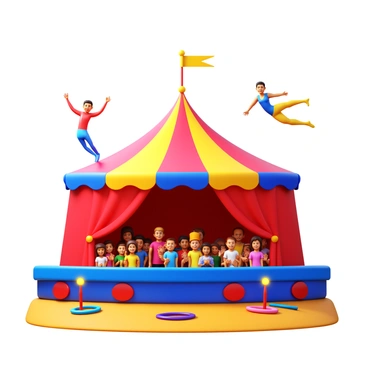 A lively circus stage set with acrobats performing under a colorful big top tent