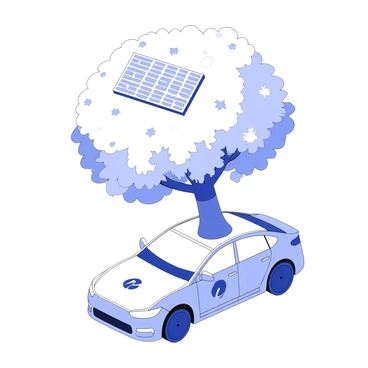 An Uber car parked under a large, leafy tree with solar panels on its roof