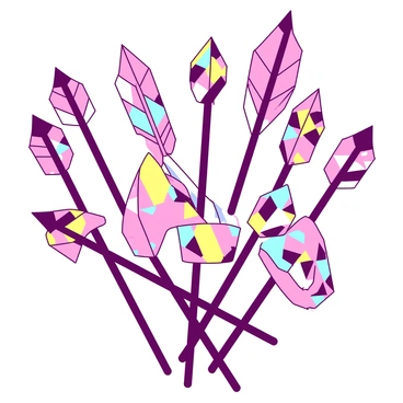 A vibrant array of arrows adorned with a harlequin pattern featuring alternating shapes of two distinct colors. Each arrow is uniquely oriented, some pointing upwards, others downwards, and a few veering to the sides. The arrows are set against a contrasting background, enhancing their playful appearance. The harlequin pattern includes a variety of diamond shapes, creating a dynamic and lively visual composition.