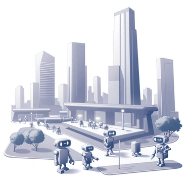A futuristic cityscape with towering skyscrapers and sleek, modern architecture. The buildings feature large, reflective glass surfaces and are interconnected by elevated walkways. Friendly robots of various shapes and sizes are seen interacting with each other and the environment. Some robots are carrying tools and machinery, while others are engaging in conversations or performing tasks like gardening and maintenance. Streetlights emit a soft glow, illuminating pathways where more robots are walking or cycling. Parks with trees and green spaces can be seen integrated into the urban layout, providing areas for relaxation and socializing among the robots.