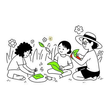A group of children is sitting on the grass in a garden. They are intently making leaf rubbings with crayons on sheets of paper. One child, with curly hair, is pressing a green leaf beneath a piece of white paper and using a yellow crayon to rub over it. Another child, wearing a sun hat, is holding a bright red crayon and working on a large leaf. Nearby, a third child with glasses is examining the texture of a leaf before placing it under their paper. The garden is filled with various plants and flowers in the background, adding to the vibrant atmosphere of creativity.