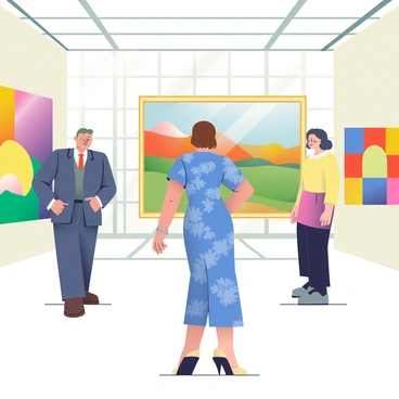 Mrs. Dalloway admiring artwork at a gallery, surrounded by other art enthusiasts and vibrant paintings.